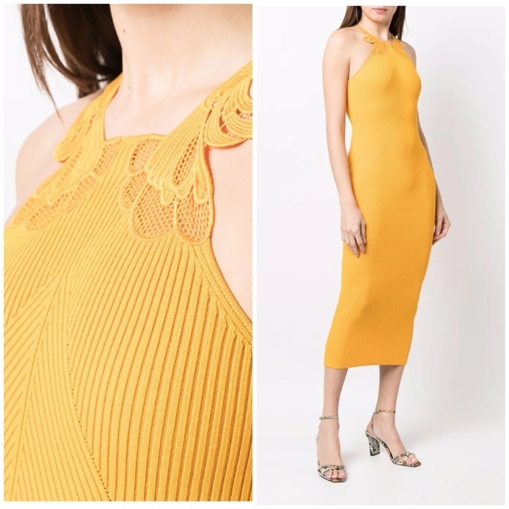 Self Portrait / Bodycon Lace Insert Rib Knit Midi Dress Canary Yellow Viscose S